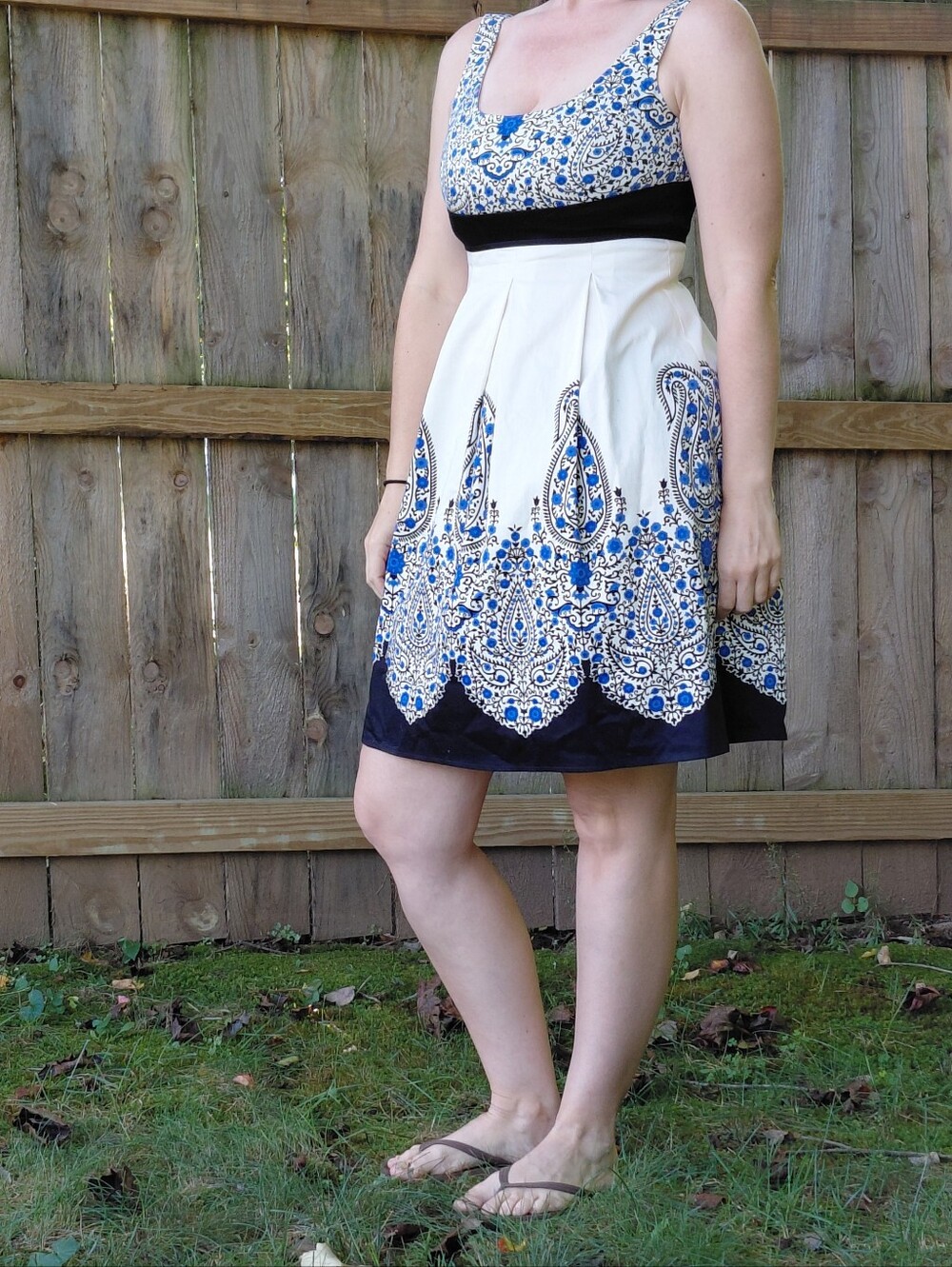Structured 100% Cotton London Times Cream and Blue Paisley Pleated A-Line Dress